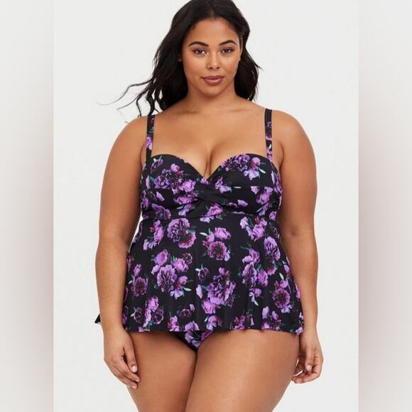 torrid Other - Torrid Black & Purple Floral Underwire Knot Front Tankini Top Size 1 14/16